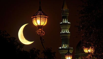 Wall Mural - Crescent Moon Over Illuminated Mosque at Night