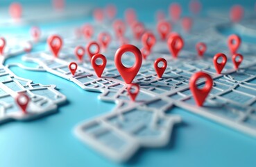 Aufkleber - 3D illustration of map with red pointers over blue background. Red map pin pointers navigation, travel destination, location or address mark symbol, gps route direction.