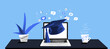 © annetdebar - Online education concept with laptop, graduation cap, and social media icons for modern learning design