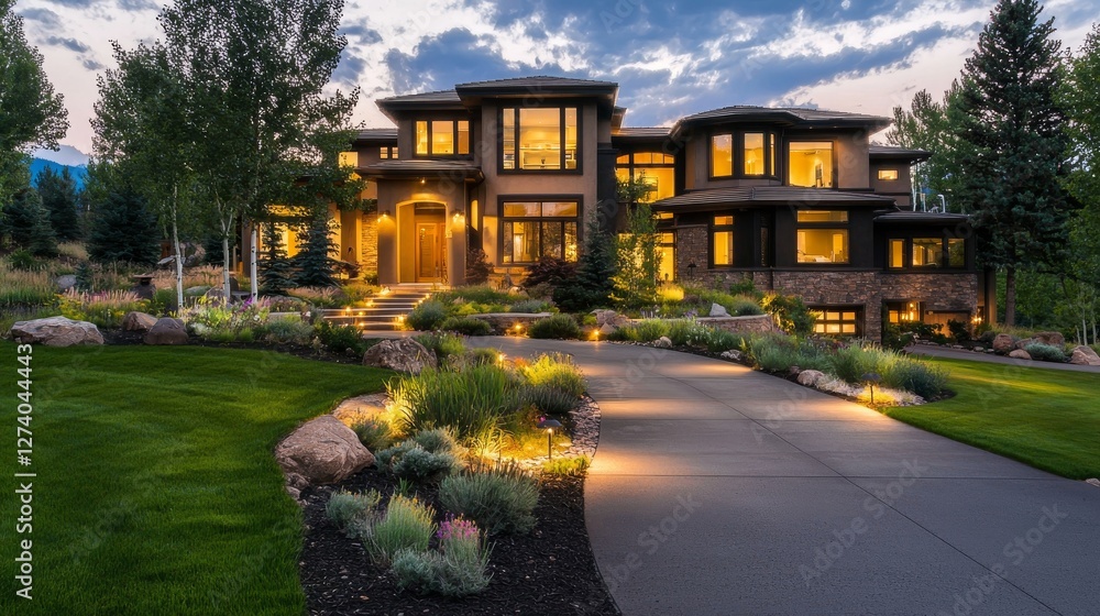 Warm lights illuminate a modern garden path, which is complemented by ...