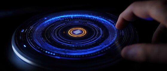 A futuristic interface displaying a rotating digital planet model under a hand.