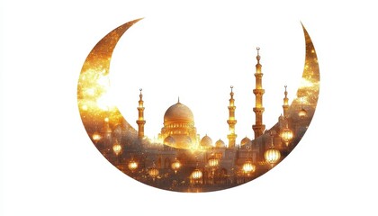 Wall Mural - Golden Mosque Silhouette Within a Crescent Moon at Night