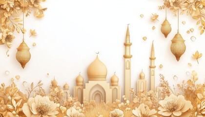 Wall Mural - Golden Mosque with Floral Paper Art Design