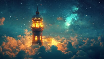 Wall Mural - Luminous Tower Amidst a Starry Night Sky Above Clouds