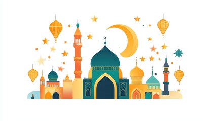 Wall Mural - Night Festive Cityscape with Mosques and Hot Air Balloons