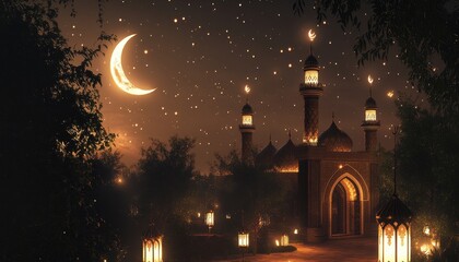 Wall Mural - Night Scene of a Mosque Illuminated by Lanterns under a Crescent Moon and Starry Sky