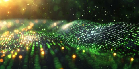 Green digital lines are set against a futuristic abstract background to depict binary code