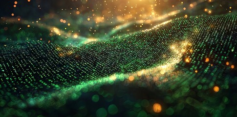 Binary code is illustrated through green digital lines in a futuristic abstract setting