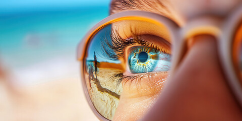 Close-up of Eye with Beach Reflection in Sunglasses