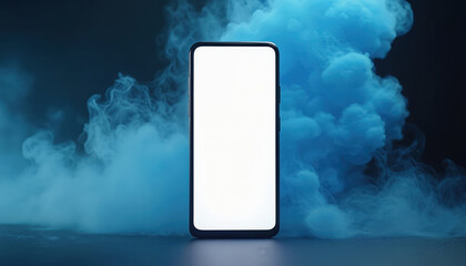 Poster - Close-up of smart phone featuring clean blank white screen. Backdrop with blue fume. Mobile phone mockup display template for responsive application presentation. Modern tech device for business,