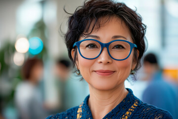 Wall Mural - japanese business, smile, portrait of a middle age female wearing blue glasses, office background. work team in the background, out of focus