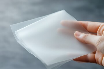 Hand holding translucent sheets, gray background, product display