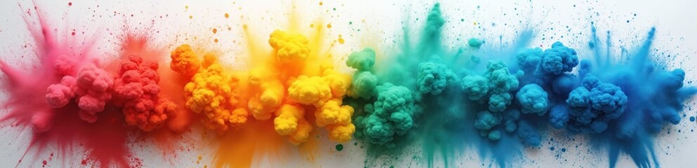 Aufkleber - Rainbow colored powder spray painted on white background in header size. Impressionist collage with light blue, green, primary colors explosions. Abstract multi colored smoke clouds blend in