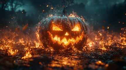 This description and relevant keywords are intended for stock photo submission: Glowing jack-o'-lanterns in a misty field