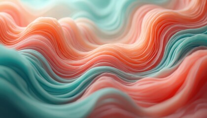 Poster - Abstract 3D background art illustration. Wavy coral, turquoise lines create smooth, soft pattern, texture. Elegant design element resembles satin material, fabric art design for wallpaper or template.