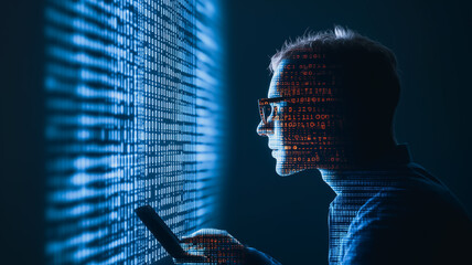 Wall Mural - digital explorer: a focused individual is engrossed in the world of data, observing an ethereal proj