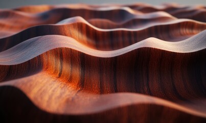 Wall Mural - Close-up view of undulating wooden surface showcasing rich textures and warm tones at sunset