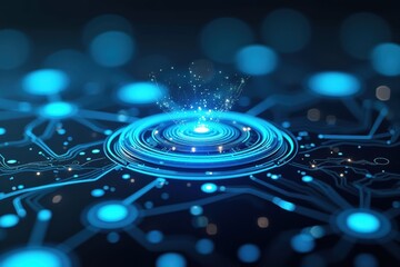 Wall Mural - digital network connectivity: exploring the depths of blue cybernetic circuits and light patterns in