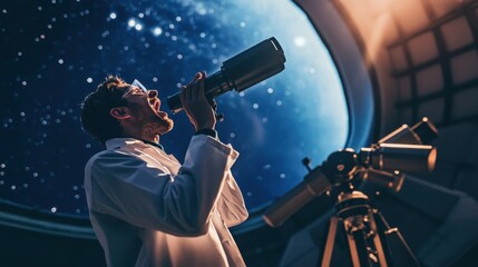 Wall Mural - a scientist gazes at the stars through a telescope