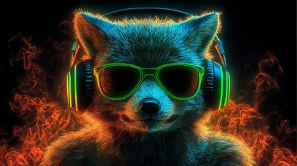 Wall Mural - Neon Party Animal Cool Fox DJ with Headphones and Sunglasses, Vibrant Smoke Background