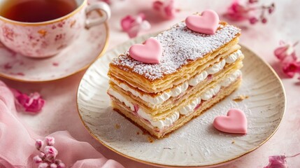 Wall Mural - A close-up of a Mille Feuille slice revealing its layers, served with a cup of tea and romantic heart decorations on a soft pink background.