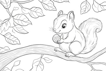 Wall Mural - Little squirrel holding an acorn, sitting on a tree branch.