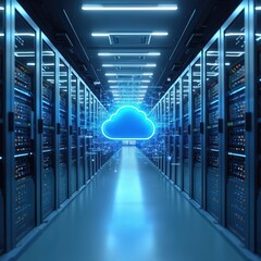 Fototapete - Futuristic data center features cloud tech with digital connections server racks illuminated in blue tones. Infrastructure handles data storage, processing. Network solutions, enterprise computing in