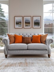 Wall Mural - Highland interior retreat modern gray sofa with orange and tartan plaid pillows against mountain view.