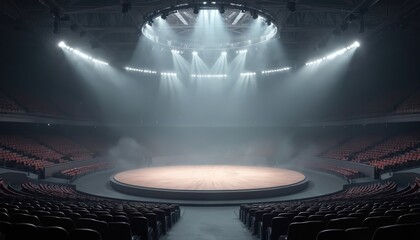 Aufkleber - Illustration of empty stadium with spotlight, smoke. Arena with lighting effect in dark, wooden stage floor. Interior for show, sport event, musical performance, concert competition. Seats rows