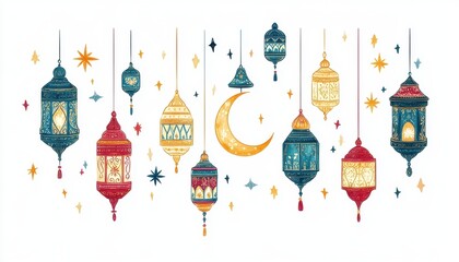 Wall Mural - Colorful Hanging Lanterns and Crescent Moon Festive Decoration