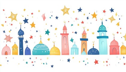 Wall Mural - Colorful Watercolor Cityscape with Stars: Festive Islamic Architecture Illustration