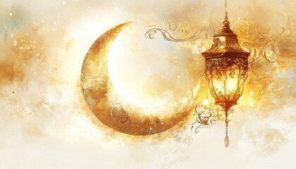 Wall Mural - Golden Crescent Moon and Illuminated Lantern Festive Background