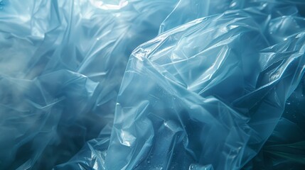 Leinwandbilder - Translucent blue plastic sheets are piled and wrinkled, reflecting sunlight and casting intricate shadows while revealing layers that suggest depth and texture in a natural environment.