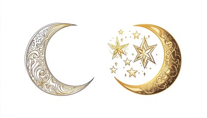 Wall Mural - Ornate Golden Crescent Moons and Stars Design Set