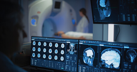 Aufkleber - Medical Hospital Research Lab: Male Medical Scientist Using Computer with Brain Scan MRI Images of a Female Patient Undergoing Medical Process in the Background. Healthcare Service