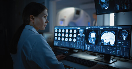 Aufkleber - Medical Hospital Research Lab: Female Medical Scientist Using Computer with Brain Scan MRI Images of a Patient Undergoing Medical Process in the Background. Healthcare Service