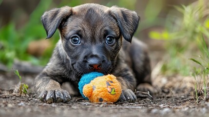 Wall Mural - Adorable Puppy Playing With Toys Outdoors