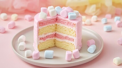 Wall Mural - Sliced pink marble cake with vanilla and strawberry layers, decorated with colorful marshmallows on a plate, soft pastel background