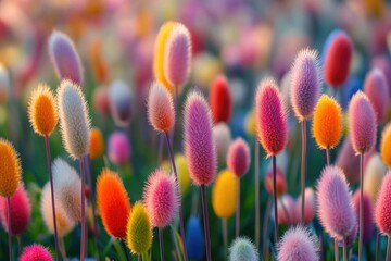 Wall Mural - A field of colorful bunny tails, some as tall as the eye and others short like fireflies, swaying gently in the breeze under the warm sunlight.