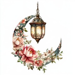 Wall Mural - Watercolor Crescent Moon with Roses and Hanging Lantern