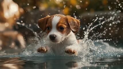 Wall Mural - Adorable Puppy Joyfully Leaps Into Water Splashing