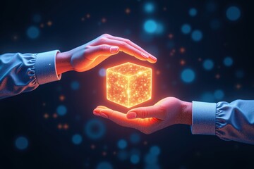 Wall Mural - an enigmatic encounter: two hands cradling a glowing cube amidst a mystical network of lights in a d