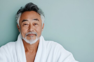 Wall Mural - portrait of Asian man 55 years old in white bathrobe on light background, copy space