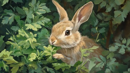 Wall Mural - A Young Rabbit Hidden Amongst Lush Green Foliage