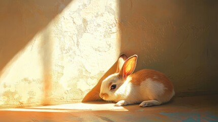 Poster - A Young Rabbit Basking In Sunlight Near A Wall