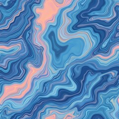 Poster - Seamless pattern with blue iridescent wavy glass texture. Abstract liquid background. Light blue, dark blue, peach colors. Holographic, metallic, foil, prism effects. Decorative wall, wallpaper