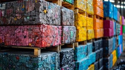 Aufkleber - A vibrant display of recycled plastic blocks stacked on pallets in a storage facility emphasizes the importance of sustainability and recycling efforts. Different colors of plastics are visible.
