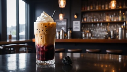 Indulgent blackberry iced latte with creamy topping in a stylish cafe