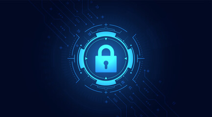 Leinwandbilder - Concept of cyber security. The Padlock on the circuit motherboard and, futuristic blue background. Secure technology and Data protection. Vector illustration.