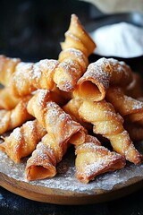 Golden spiral pastries dusted with powdered sugar on a rustic wooden plate